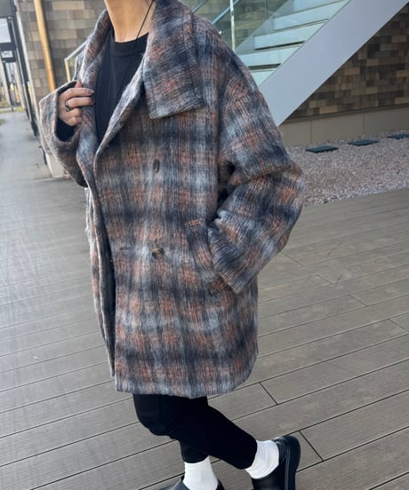 チェック柄シャギースタンドカラーコート