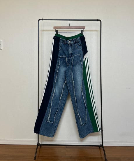異素材切り替えサイドラインデニムパンツ