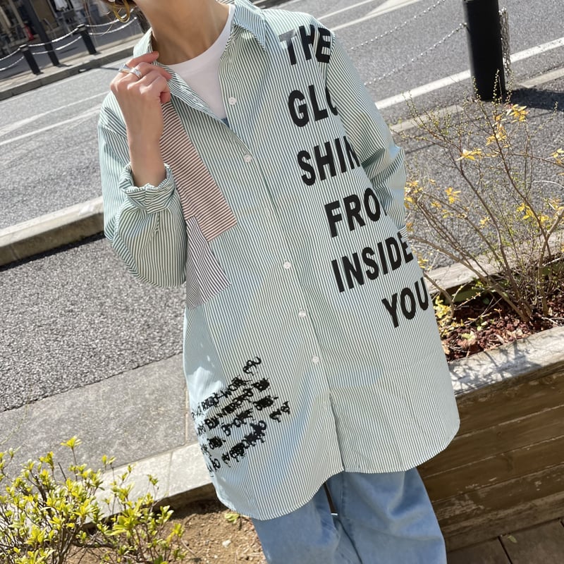 英字ロゴデザインオーバーサイズストライプシャツ(2color) | COPINE 英字ロゴデザインオーバーサイズストライプシャツ(2color) | COPINE