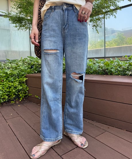 ハイウエストダメージデニムパンツ