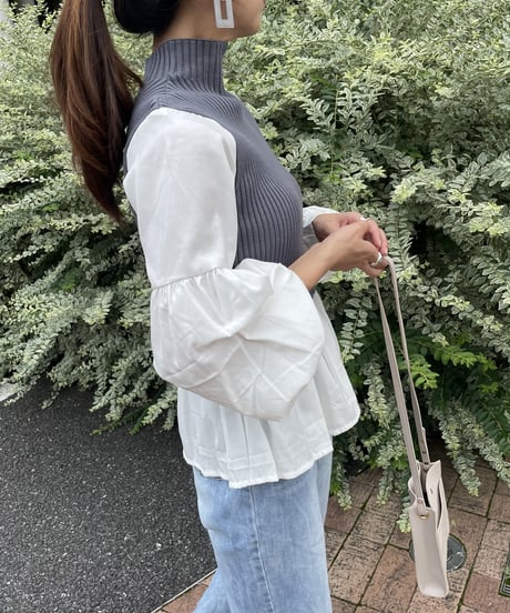 ボリューム袖ニットドッキングシャツ(グレー）