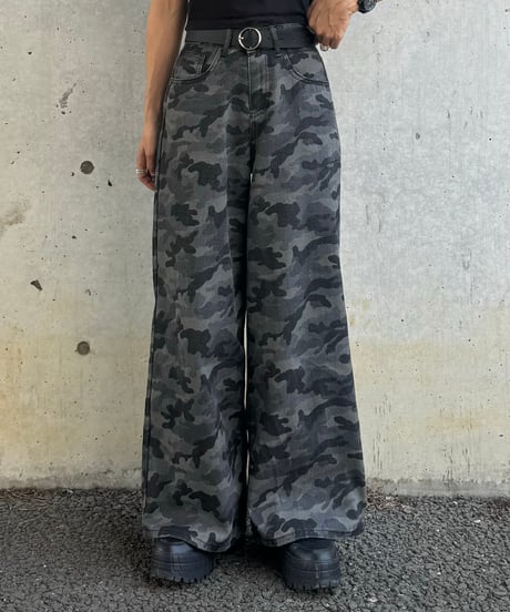 迷彩ハイウエストワイドデニムパンツ
