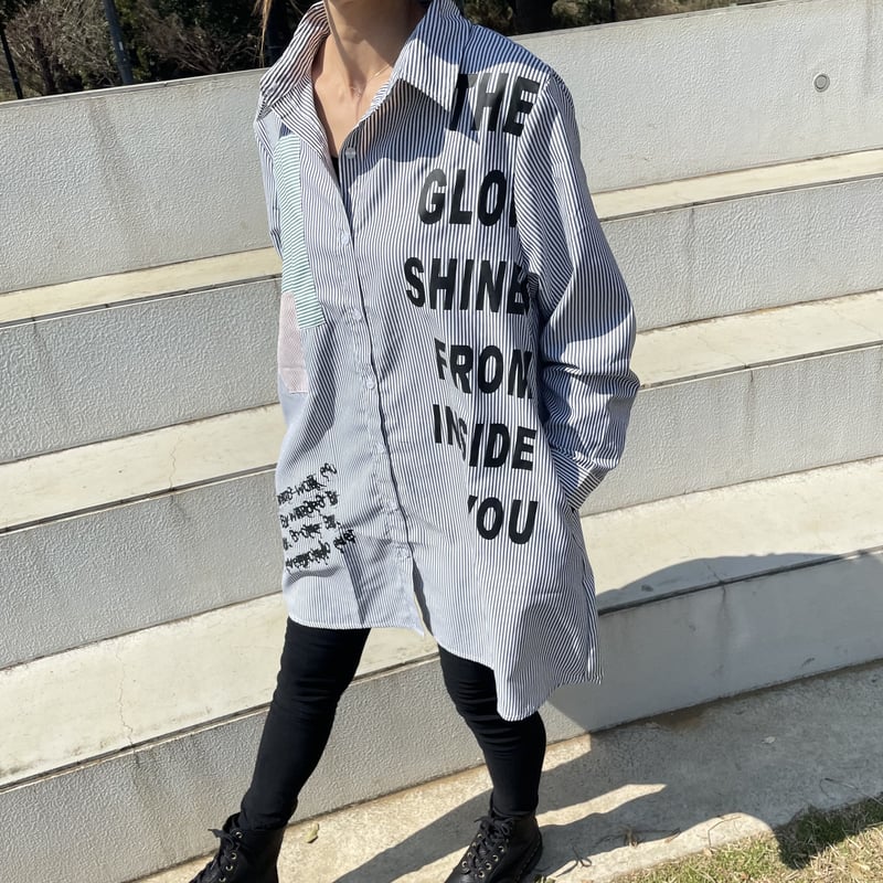 英字ロゴデザインオーバーサイズストライプシャツ(2color) | COPINE 英字ロゴデザインオーバーサイズストライプシャツ(2color) | COPINE