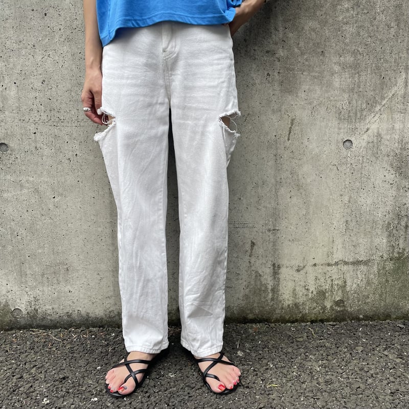 サイドカット 着やせ   ワイド  デニムパンツ サイドカット デニムパンツ 着やせ フロントクロス ワイド 人気