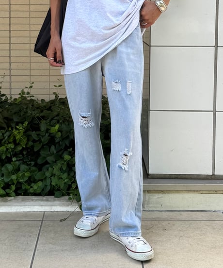 ダメージ加工ワイドデニムパンツ