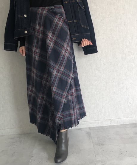 巻きスカート風チェック柄ロングスカート