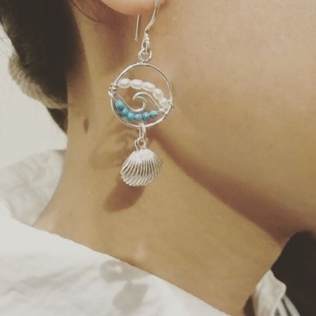 シェル＆ウェーブ　ピアス ターコイズ＆パール 925シルバー