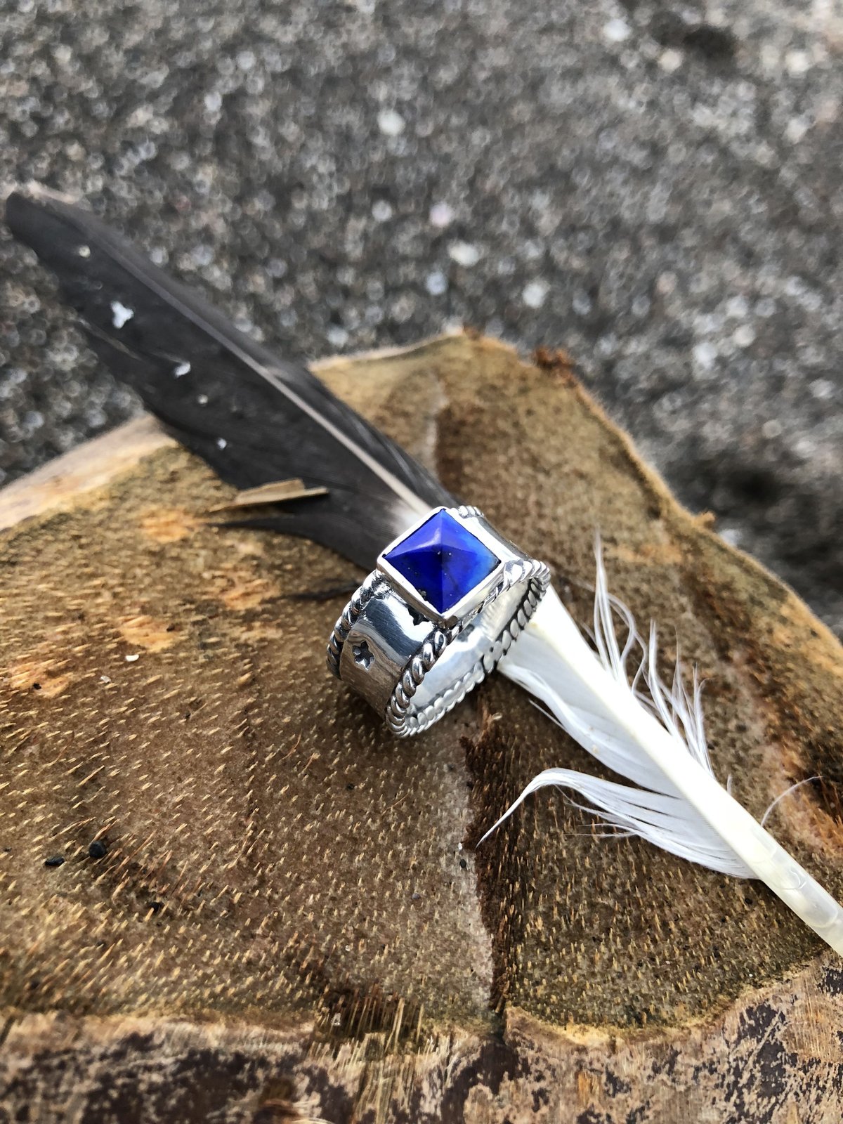 ラピスラズリ スクエア 平打ち 星刻印入り リング 925シルバー