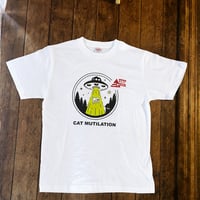 男女兼用　超常現象キャットニャー CAT MUTILATION円形白猫 Tシャツ