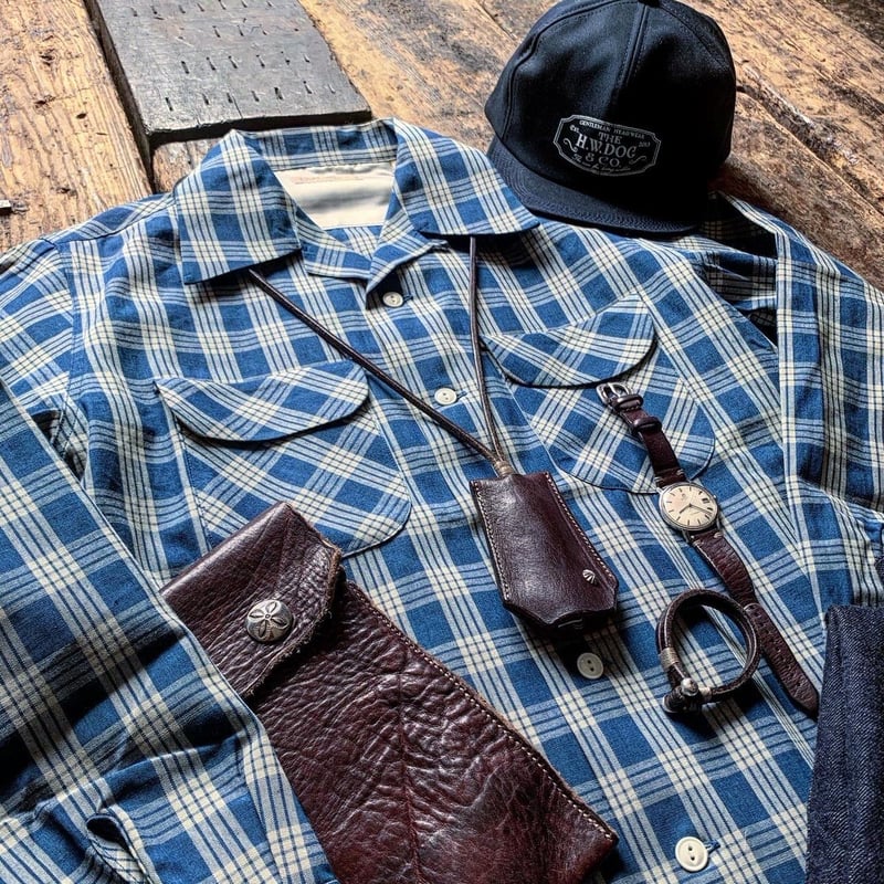 FULLCOUNT / INDIGO PALAKA CHECK OPEN COLLAR SHI