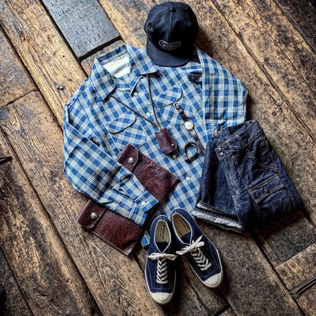 FULLCOUNT / INDIGO PALAKA CHECK OPEN COLLAR SHIRT