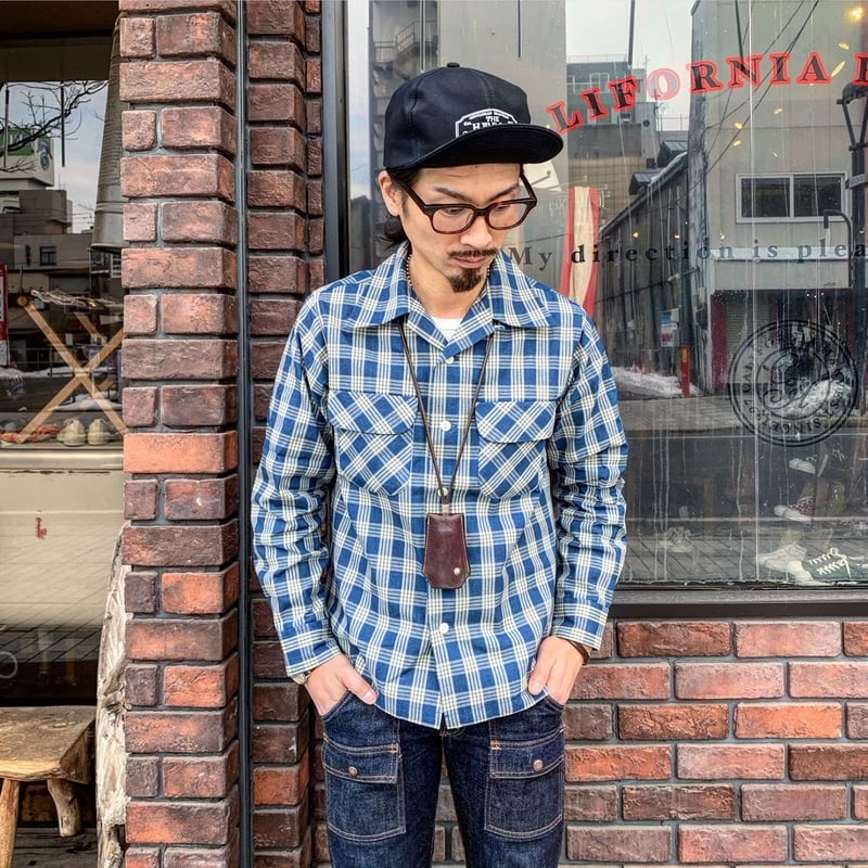 FULLCOUNT / INDIGO PALAKA CHECK OPEN COLLAR SHI