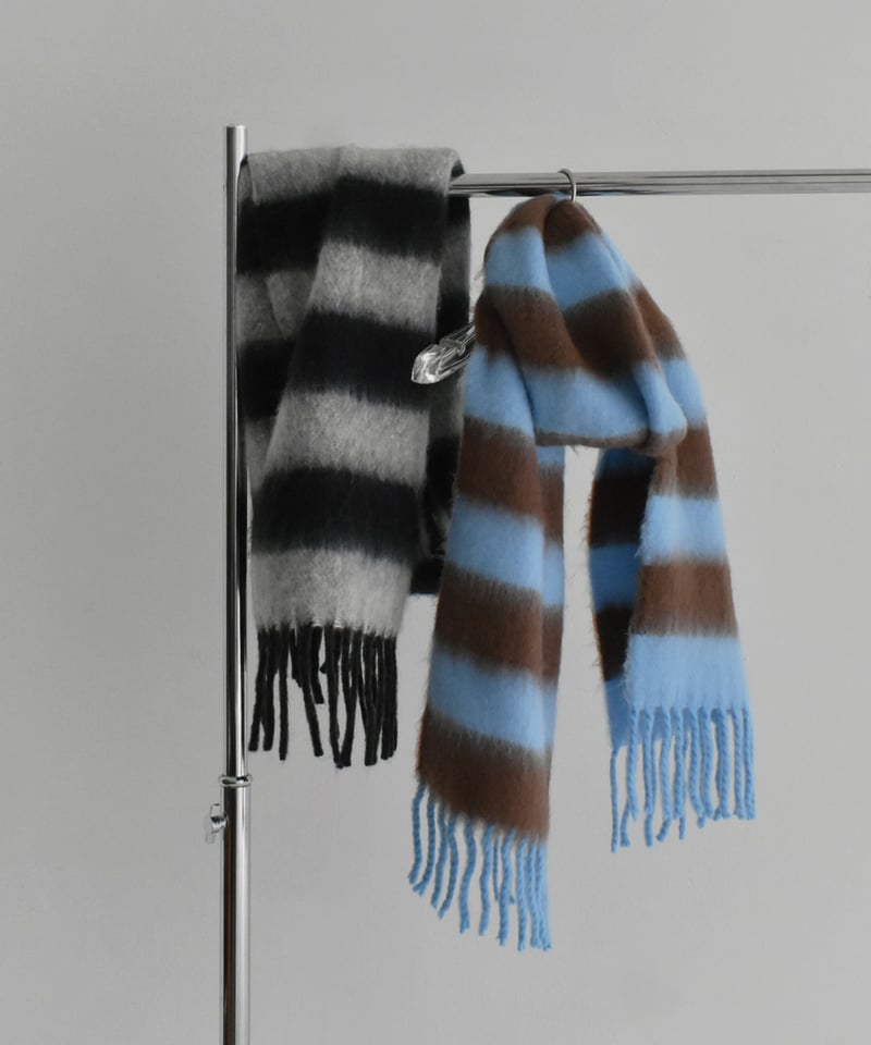 haek ボーダーフリンジマフラー ブルー haek（ハク）の「border fringe muffler/ボーダーフリンジマフラー