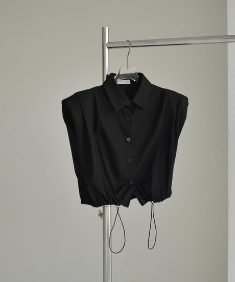 tops-02425　ショルダーパッド ドローストリング ブラウス 　ホワイト　ブラック