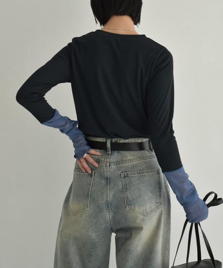 tops-04152　日本製　シアースリーブ プルオーバー　エクリュ　ベージュ　ダークネイビー