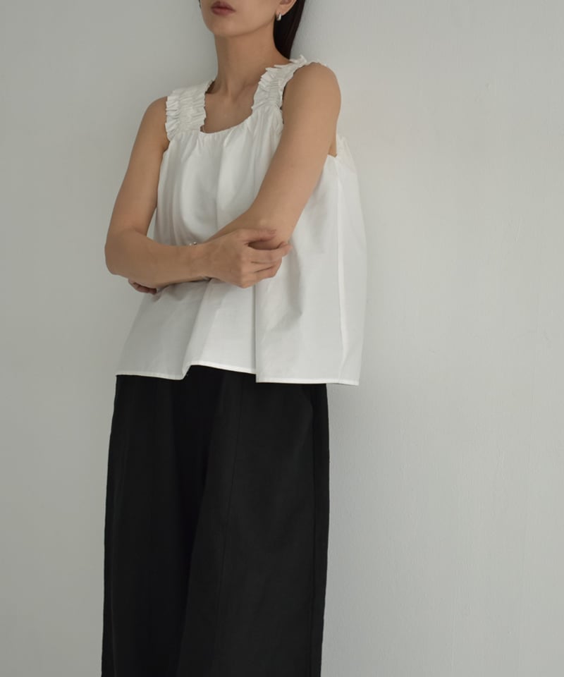 tops-02479 ギャザータンク ブラウス ホワイト ブラック | L