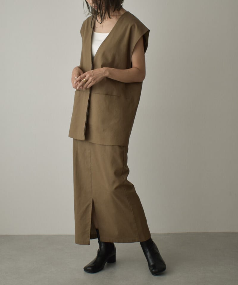 tops-12004 リネン ノーカラーベスト モカ 《セットアップ可能》 | L