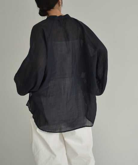 tops-02448　リネン キーネック シアーブラウス　ライトベージュ　ネイビー