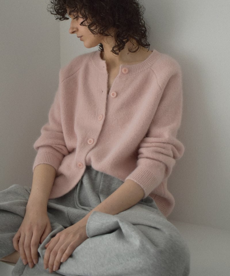knit-02370 アルパカ混 クルーネック ニット カーディガン ピンク