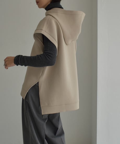 tops-02443　ダンボールニット フーディーベスト　グレージュ　ネイビー