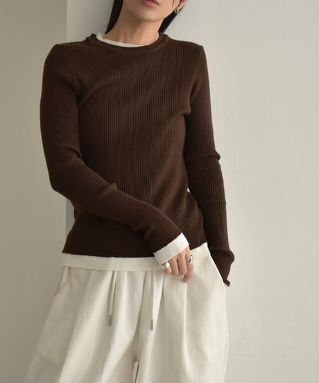 knit-02296　レイヤードライク バイカラーニット トップス　ブラウン　ブラック