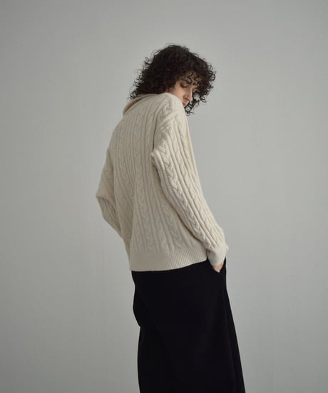 knit-02367　ダブルジップ ケーブル ニット　エクリュ　グレージュ　ダークグレー