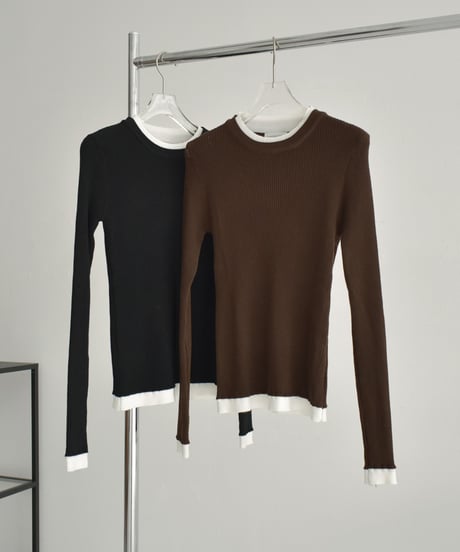 knit-02296　レイヤードライク バイカラーニット トップス　ブラウン　ブラック