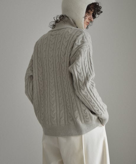knit-02367　ダブルジップ ケーブル ニット　エクリュ　グレージュ　ダークグレー