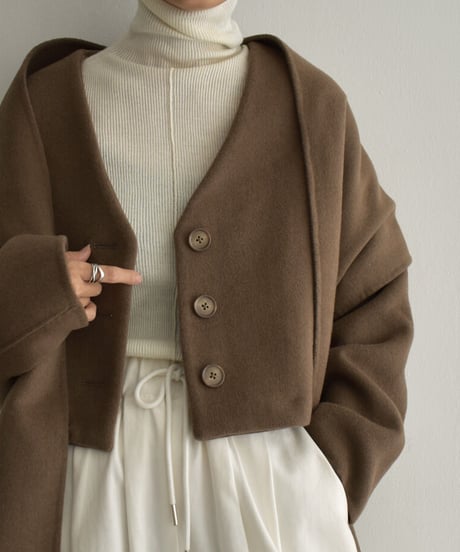 coat-13008　ストール付き　ウール ショートコート　モカ　ブラック