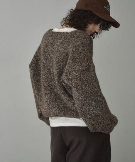 knit-02361　ボリュームスリーブ MIXカラー Vネック ニット　ブラウン　グレー