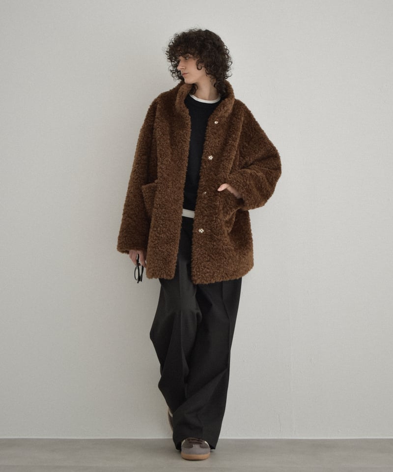 coat-02065 プードルボア ハイネック ミディコート エクリュ ブラウン