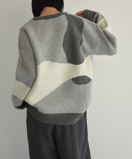 knit-02315　ニュアンス柄 配色 クルーネック ニット　グレー　ブルー