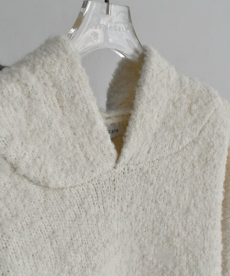 knit-02350 ブークレ フードニットプルオーバー エクリュ グレー | L