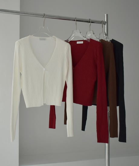 knit-02295　リブ ワンボタン カーディガン　オフホワイト　ブラウン　レッド　チャコール