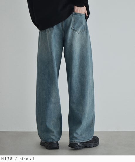 Mサイズのみ7月下旬入荷分　予約販売　bottoms-02297U　ルーズ デニムパンツ　ウォッシュブルー