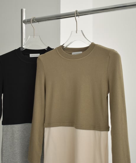 tops-02457　バイカラー フェイク レイヤード トップス　カーキ　ブラック