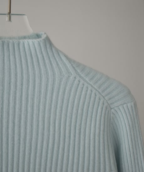 knit-02358　リブ ハイネック ニット トップス　オフホワイト　アイスブルー　グレー　ブラウン　ブラック