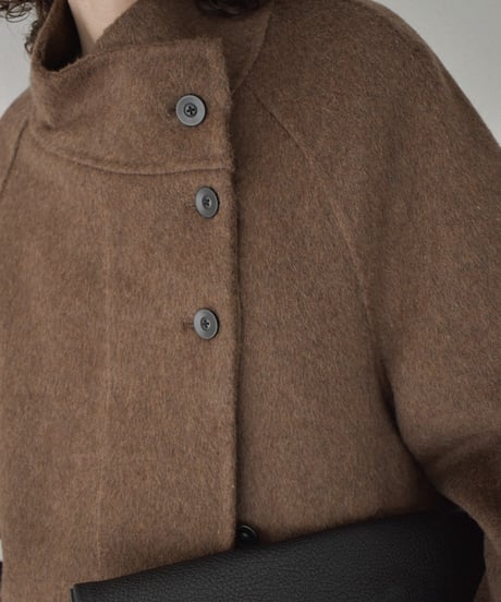 coat-02062　ラグランスリーブ スタンドカラー ウール ミディ コート リバー仕立て　エクリュ　ブラウン