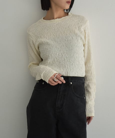 tops-02523　クルーネック ランダム リップル カットソー　エクリュ　ブラック