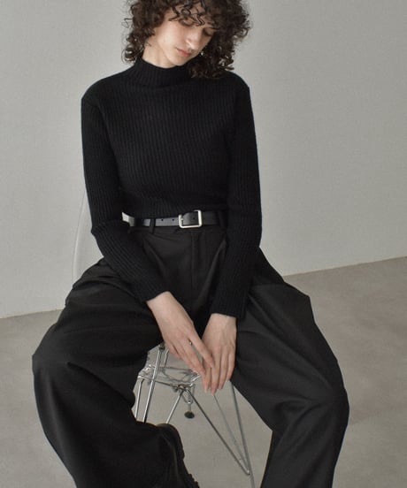 knit-02358　リブ ハイネック ニット トップス　オフホワイト　アイスブルー　グレー　ブラウン　ブラック