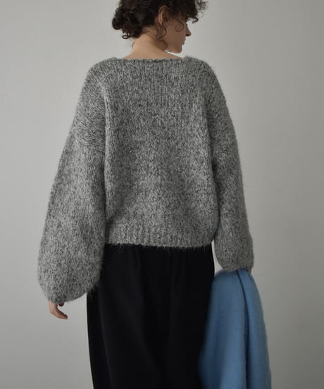 knit-02361　ボリュームスリーブ MIXカラー Vネック ニット　ブラウン　グレー