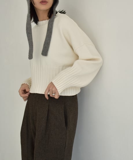 knit-02311　ウエスト リブデザイン クロップド ニット　エクリュ　モカベージュ　ブラック