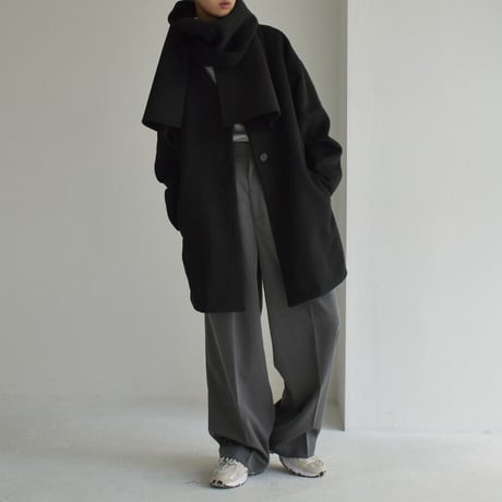 coat-13009　ストール付き　ウール ミディコート　モカ　ブラック
