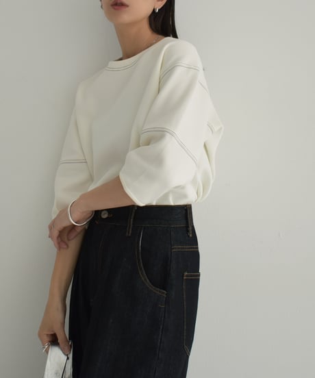 tops-02474　ステッチデザイン ダンボール プルオーバー　ホワイト　ブラック