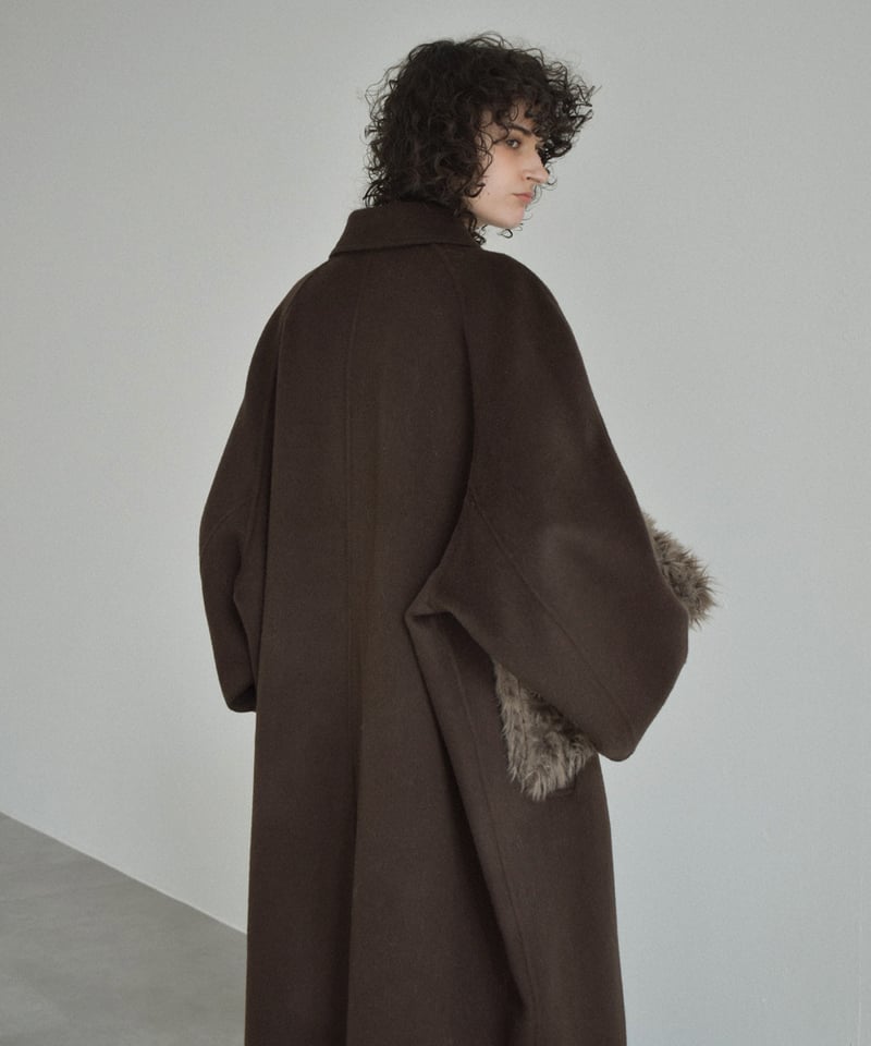 ドゥーズィエムクラス カシミヤ混 ノーカラーリバーコート ブラウン