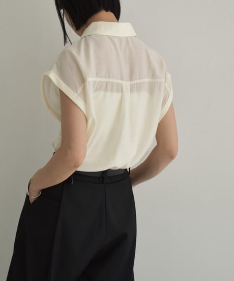 tops-02544　フレンチスリーブ シアーシャツ　エクリュ　ベージュ　グリーンティー