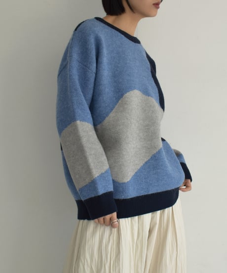 knit-02315　ニュアンス柄 配色 クルーネック ニット　グレー　ブルー