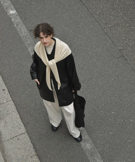 jacket-02025　フェイクレザー ミディ コート　ブラック