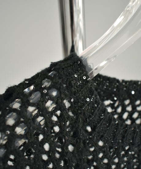 knit-02272　スパンコール メッシュ ニット トップス　エクリュ　ブラック