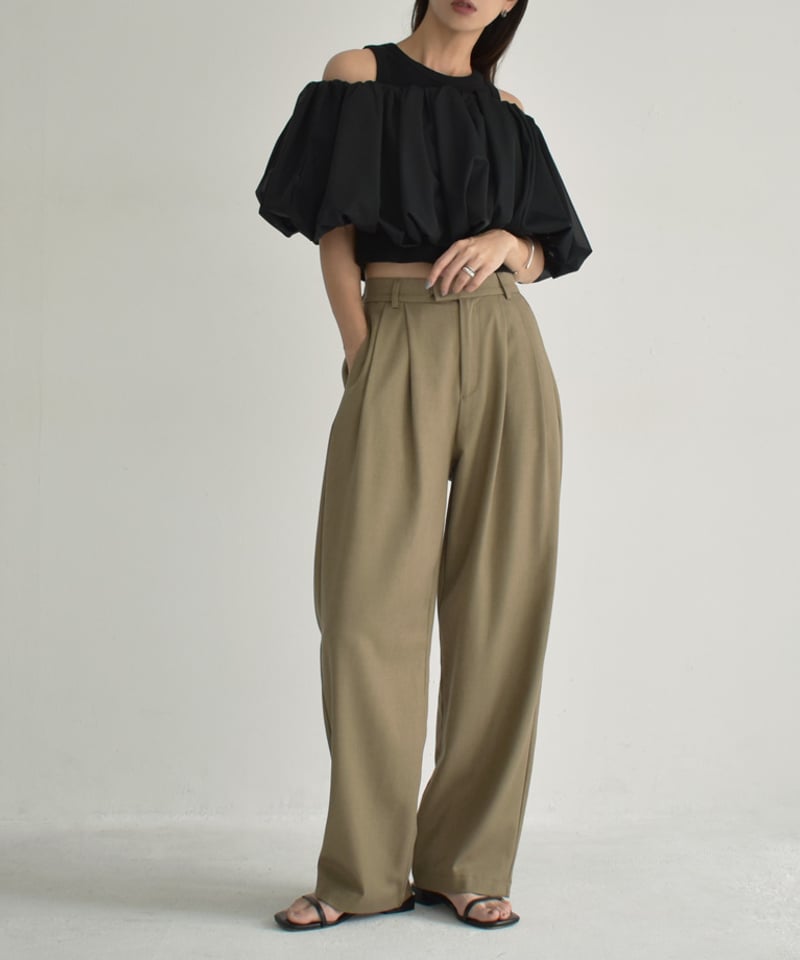 bottoms-02227 タックセミワイドパンツ モカベージュ ブラック | L a v